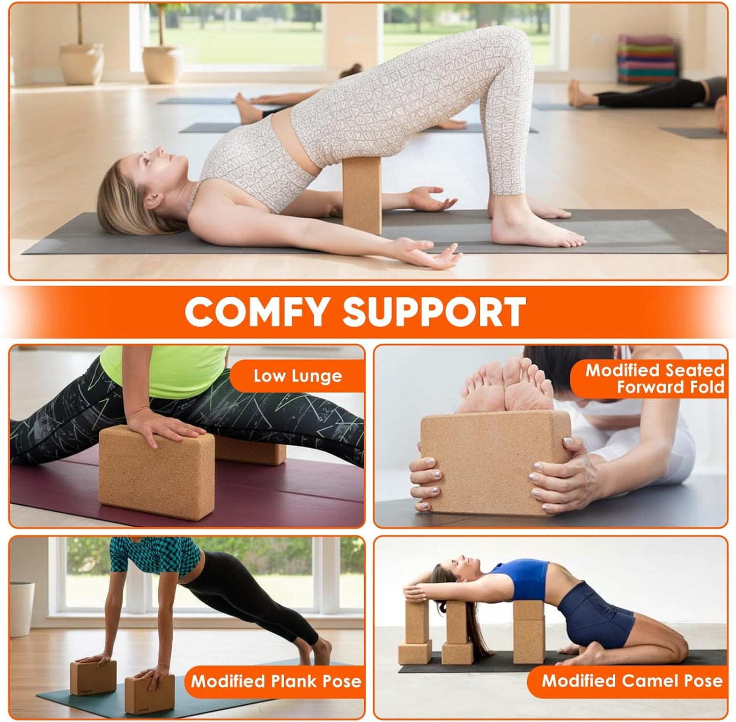 2-Pack Cork Yoga Blocks for Pilates & Meditation, Non-Slip Moisture-Proof Lightweight Bricks, Supportive Eco-Friendly Equipment for Stretching & Pose Enhancement