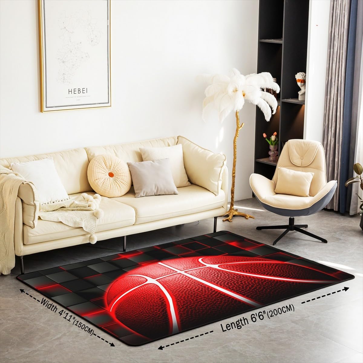 jejeloiu Basketball Living Room Rugs for Bedroom 5x7 Kids Gaming Sports Decor Carpet for Boys Girls Teens Ball Games Area Rug Soft Gift for Basketball Lover Grey and Black Room Decor