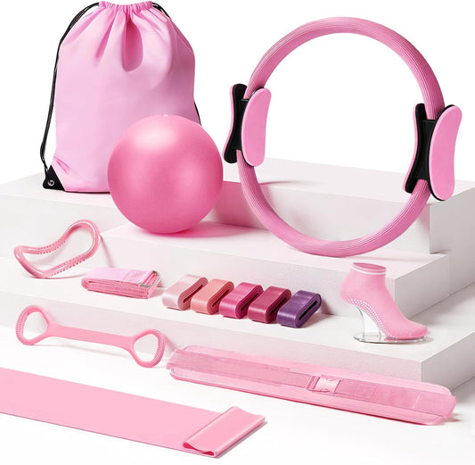 Pilates Kit, Home Pilates Essentials Kit for Women, Pilates Equipment Ring and Ball Set with 5 Resistance Bands, Hip Thrust Belt & Grip Socks Accessories, Toning Home Workouts Starter Set