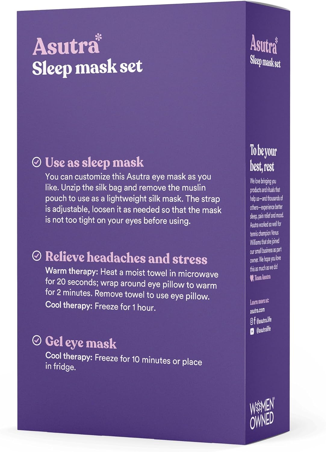 ASUTRA Silk Eye Pillow for Sleep, Purple - Filled w/Lavender Buds & Flax Seeds, Weighted Eye Mask, Meditation & Light Blocking Blindfold, Cooling Gel Mask Included