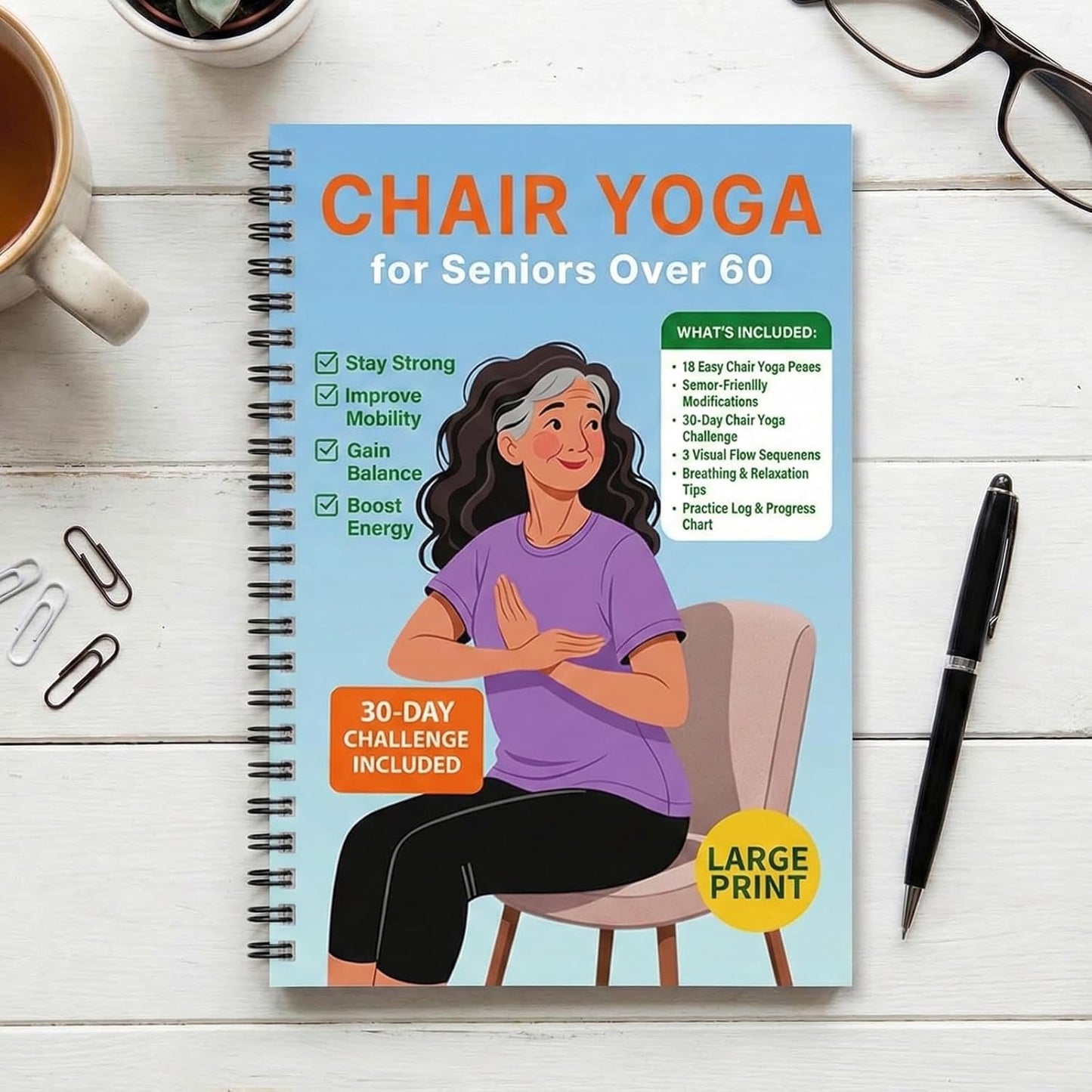 Chair Yoga for Seniors Over 60, 30-Day Challenge Gentle Seated Yoga Exercises Guidebook, Step-by-Step Fitness Planners Instructions Books for Seniors Beginners – 8.2″ x 5.5″ Pink Yoga Book