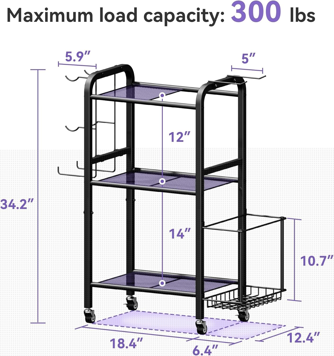 3-Tier Heavy-Duty Home Gym Storage Rack with Hooks and Smooth Wheels for Workout Gear