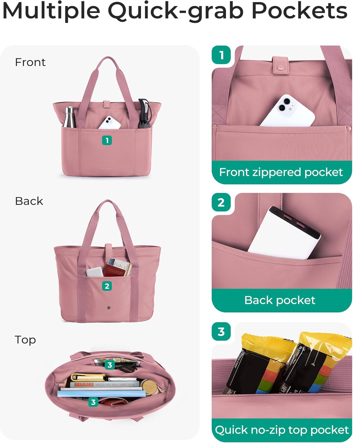 BAGSMART Tote Bag for Women, Foldable Tote Bag With Zipper Travel Shoulder Bag Handbag for Work