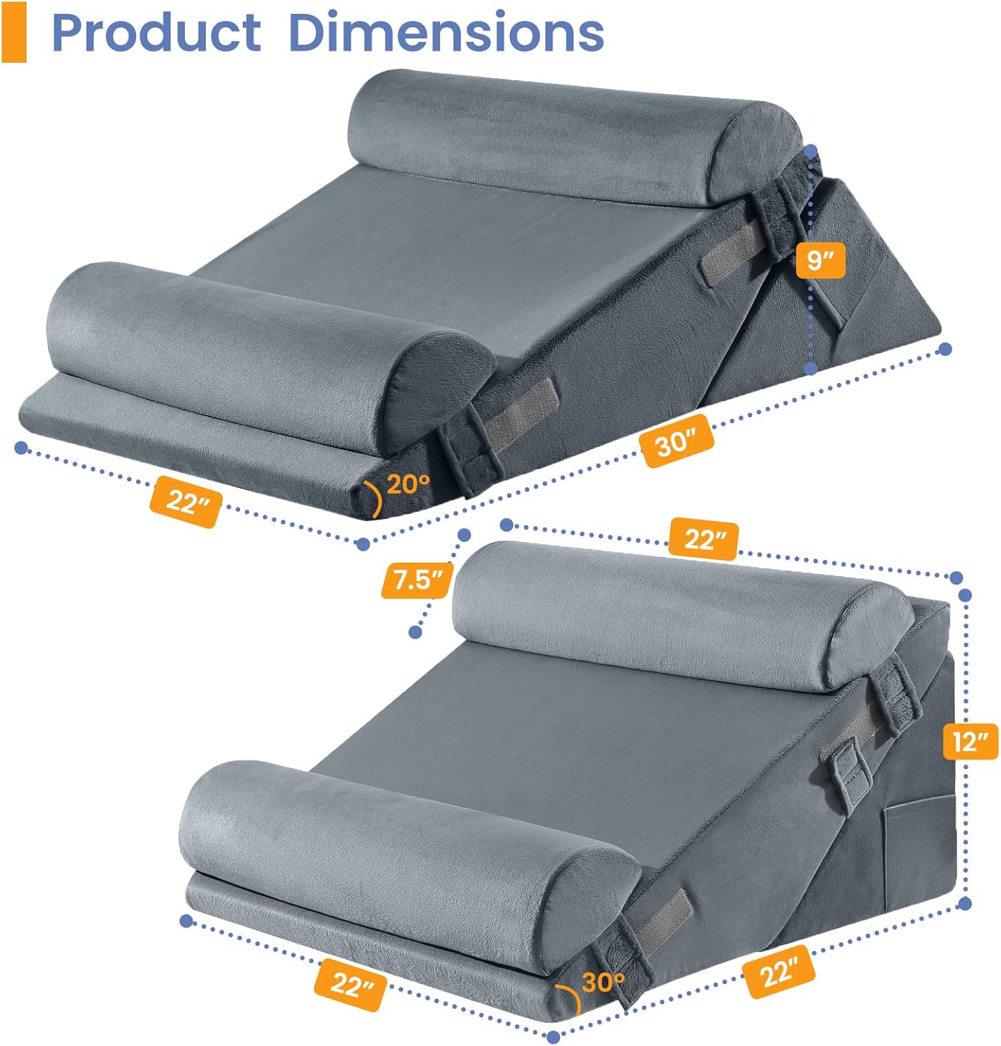 Sasttie Wedge Pillow Set for After Surgery, 2PCS Adjustable Bed Wedge Pillow Headboard with Memory Foam Neck Cushion – for Acid Reflux, Sleeping, Neck & Back Support, Dark Grey
