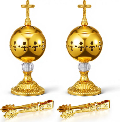 Zonon 1 Set Incense Burner with Tong, Frankincense Charcoal Incense Stand Holder, Ideal for Yoga, Spa, Aromatherapy, Home and Christian Church Censer (Gold,Retro)