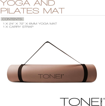 TONE Fitness Yoga Mat 1/4" Thick Non Slip Exercise & Pilates Mat for Home Workouts with Carrying Strap | Multiple Options