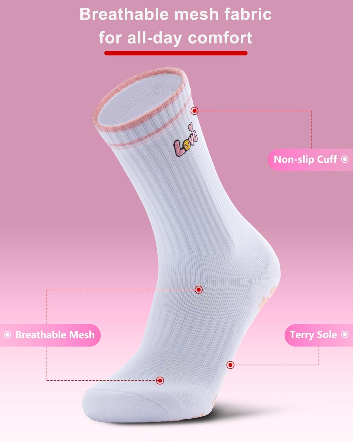 Pilates Grip Socks for Women - Embroidery Athletic Crew, Non-Skid Sticky Soles for Yoga, Barre, Workout & Hospital
