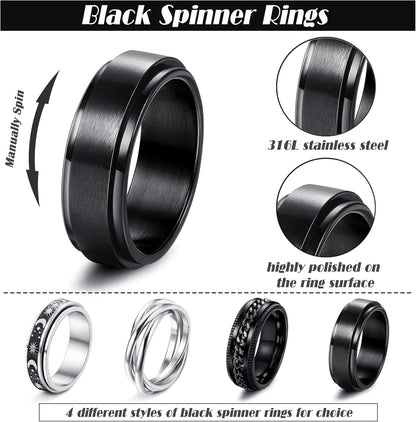 FUNRUN JEWELRY Stainless Steel Fidget Anxiety Ring for Women Men Fidget Spinner Rings Moon Star Celtic Stress Relieving Spinning Ring Wedding Band Rings Set,4-6Pcs