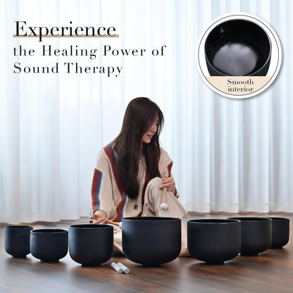 CVNC 432Hz 7-12 Inch Crystal Singing Bowl Set of 7 with 2 Pcs Carrying Case Bag, Frosted Quartz Crystal Sound Bowls for Chakra, Sound Therapy, Meditation Energy