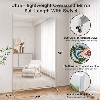 brisafe NanoMirror Non-Glass Ultra-Light Home Gym on Wheels, 75" x 32" Extra Large Full Body Mirror, Unbreakable & Shatterproof, 360° Swivel for Yoga, Dance, Fitness Studio & Home, Black