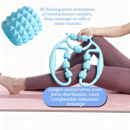 Pedal Resistance Band and Leg Massage Roller Bundle, 8-Tube Exercise Band with Handles and 9-Wheel Circular Muscle Roller, Home Workout and Self-Care Set for Arms, Legs, Calves, Thighs, Blue