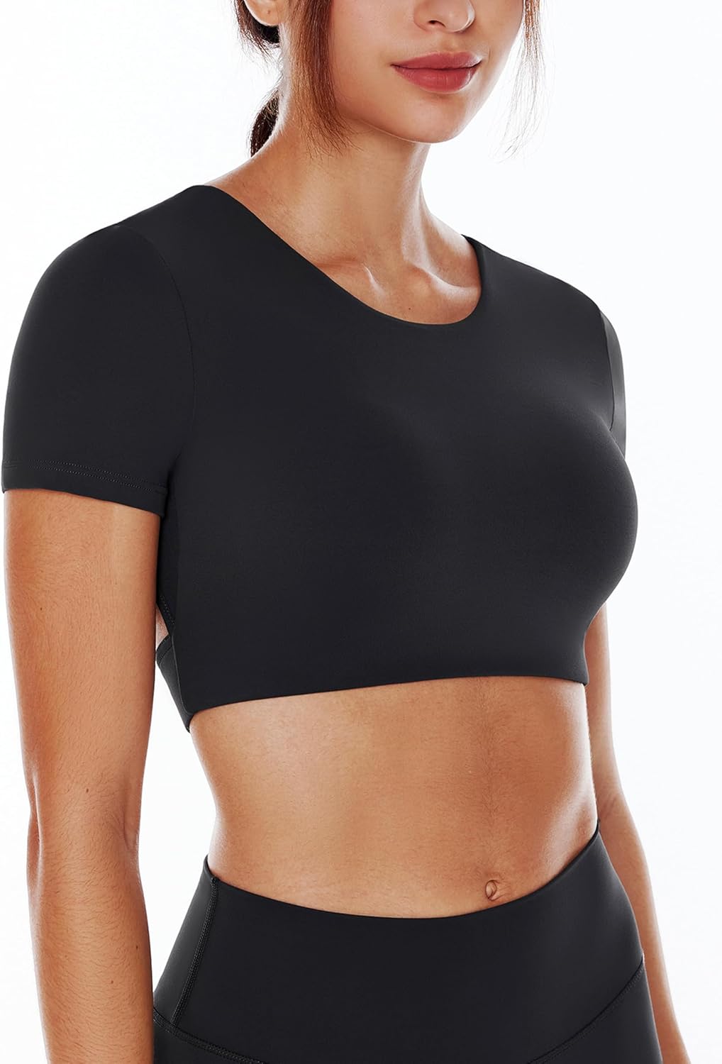ENERBLOOM Open Back Workout Crop Tops for Women Backless Yoga Shirts Gym Short Sleeve Mild Support Compression Tee with Bra