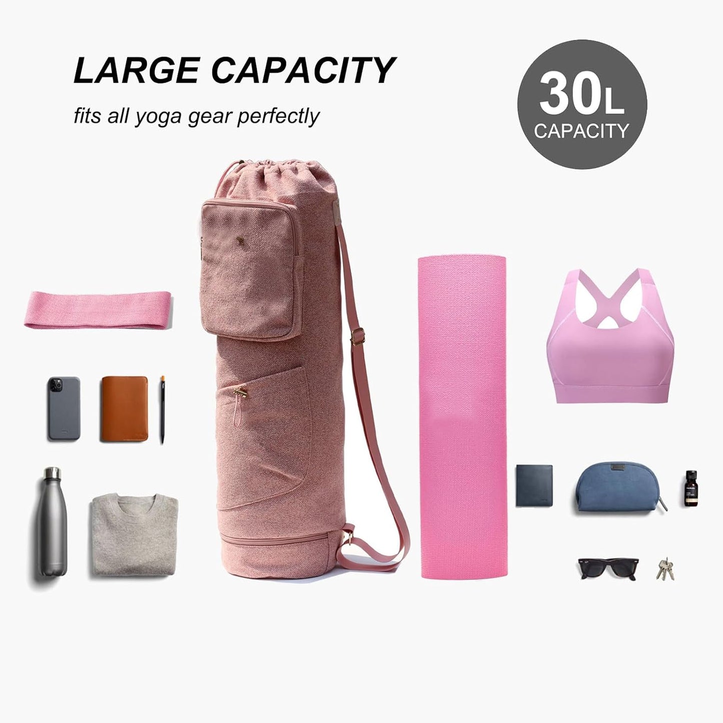 ESVAN Yoga Mat Bag with Multi Pockets Drawstring Yoga Mat Carrier Pilates Exercise Multi-Functional Storage Bag