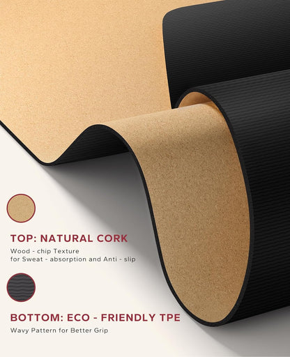 HAPBEAR Large Cork Yoga Mat - 72"x36" Wide Non-Slip for Home Workout, Yoga, Pilates & Stretching - 6mm Cushioned Support - Eco-Friendly & Durable - Bonus Resistance Bands & Carry Bag Included