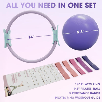 PAETA Pilates Ring Set – 14” Magic Circle (38 lbs Resistance), 9.8” Pilates Ball, 5 Resistance Bands, and Exercise Guide Included for Home Workouts