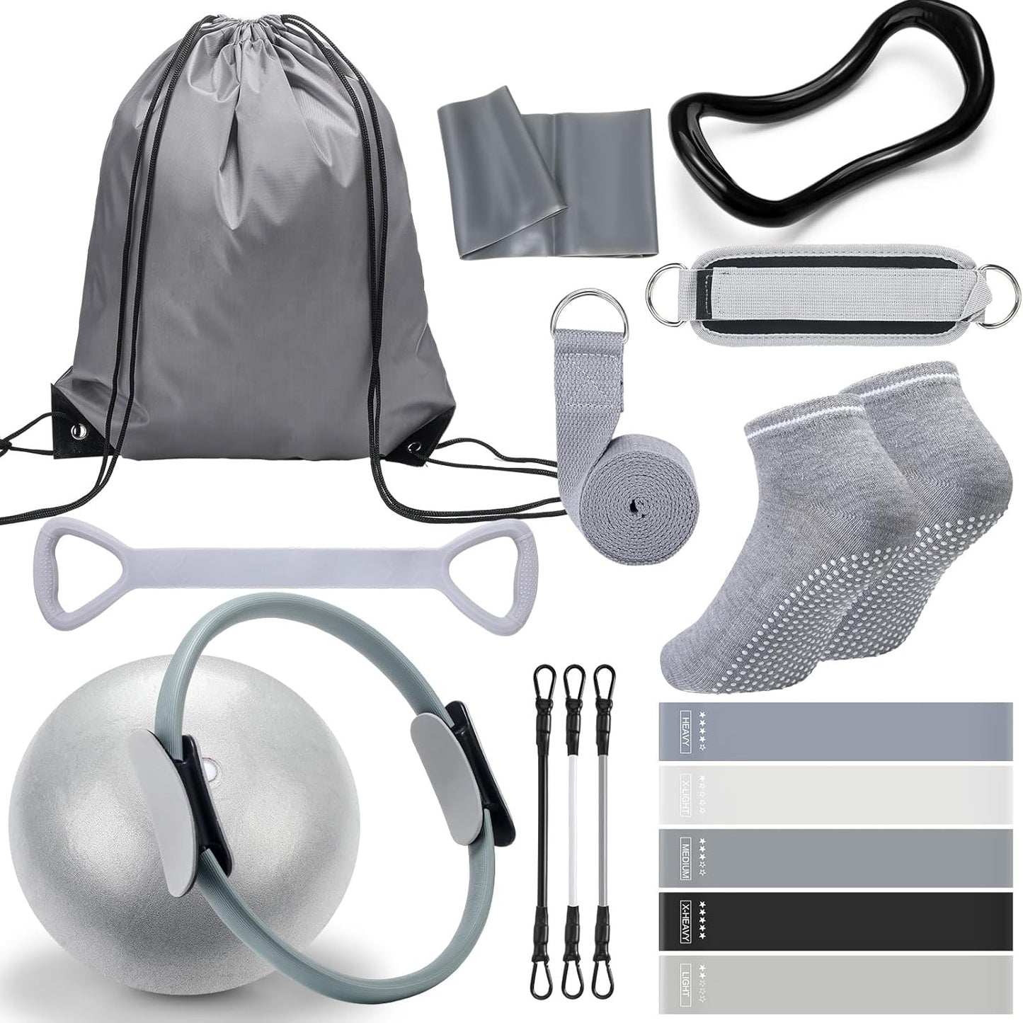 RoundFunny Pilates Ring Circle Set 18 Pcs Exercise Equipment Accessories for Women Workouts Pilates Ball Stretching Strap Magic Circle Yoga Ring Gym Back Bag Resistance Band Anti Slip Socks
