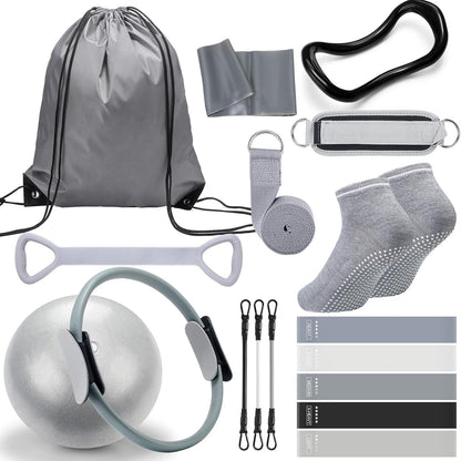 RoundFunny Pilates Ring Circle Set 18 Pcs Exercise Equipment Accessories for Women Workouts Pilates Ball Stretching Strap Magic Circle Yoga Ring Gym Back Bag Resistance Band Anti Slip Socks
