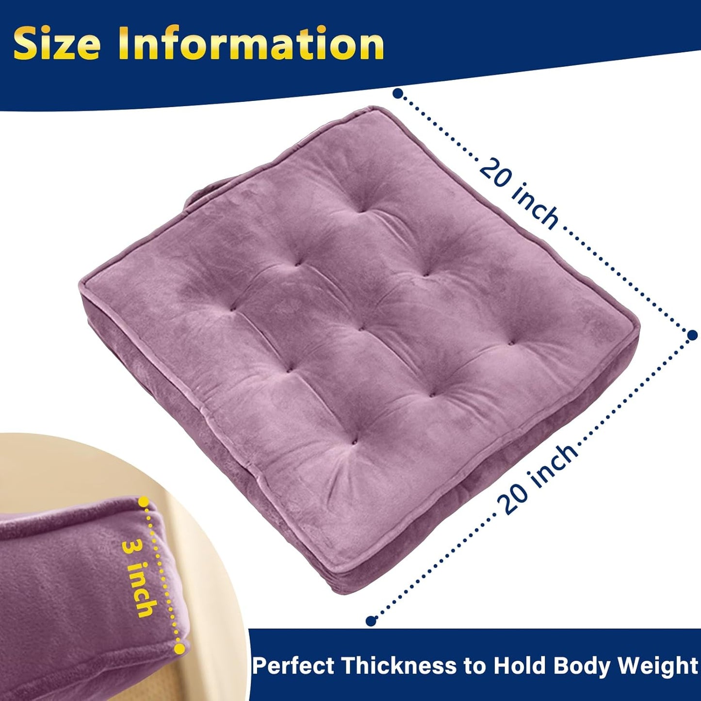 1 MIDDLE ONE Floor Pillow Set of 2, Memory Foam Meditation Cushion, Floor Cushions for Adults Sitting, Large Square Seat Cushions for Yoga, Living Room, 20x20 Inch (Grey)
