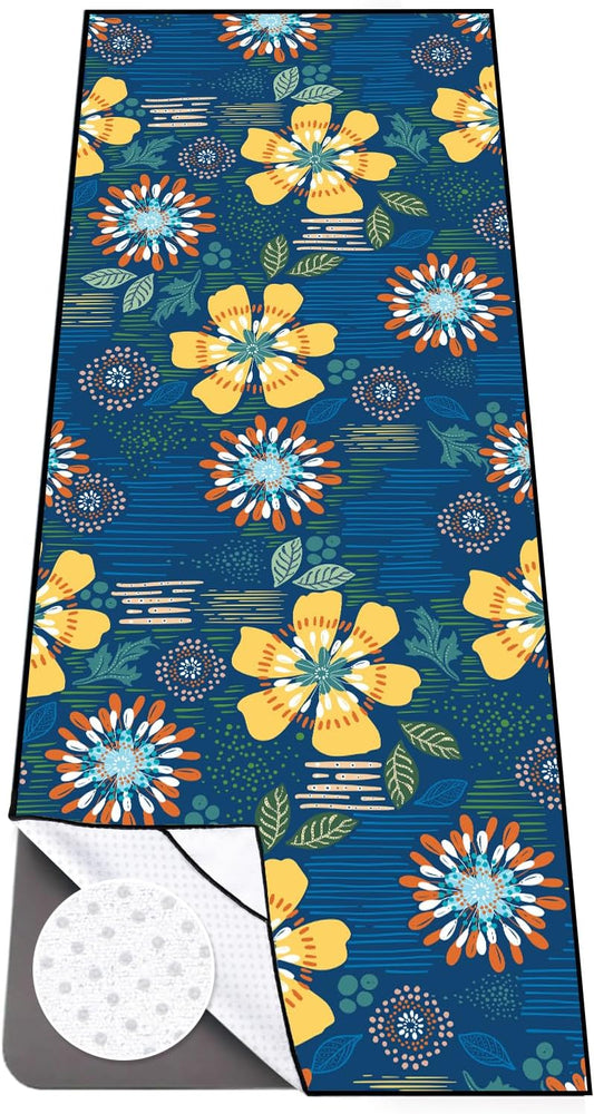 Colorful Star Large Yoga Towel with Corner Pockets, Non Slip Grip Dots Absorbent Hot Yoga Mat Towels, Yoga Blankets with Travel Bag, Mat Cover for Workout, Gym, Fitness - 74"x26", Purple Blue Lotus