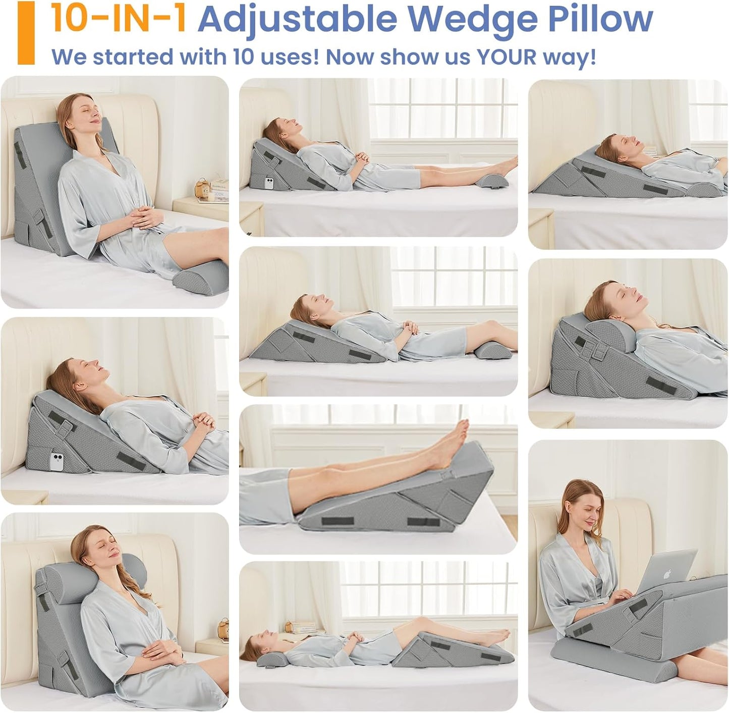 Sasttie Wedge Pillow Set for After Surgery, 2PCS Adjustable Bed Wedge Pillow Headboard with Memory Foam Neck Cushion – for Acid Reflux, Sleeping, Neck & Back Support, Dark Grey