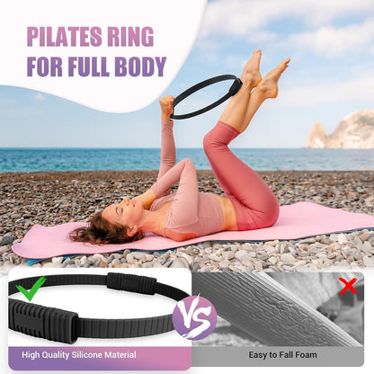 Pilates Ring Set, Pilates Essentials Kit with Pilates Ring and Ball, 3 Resistance Bands, Portable Bag & Training Poster, at Home Pilates Starter Workouts Equipment Kit for Women