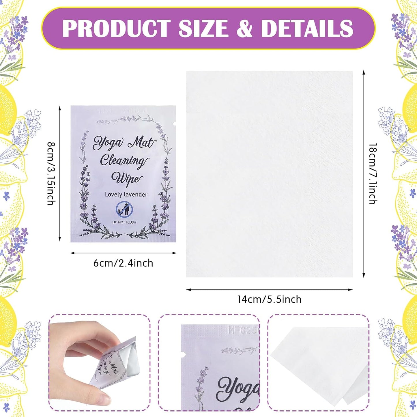 100 Pcs Yoga Mat Wipes, Lavender, Individually Wrapped Wipes, No Slippery Residue, Deep-cleansing for Mat, Fitness Gear & Gym Equipment Cleaner, 7inch*5.5inch