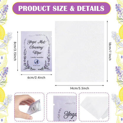 100 Pcs Yoga Mat Wipes, Lavender, Individually Wrapped Wipes, No Slippery Residue, Deep-cleansing for Mat, Fitness Gear & Gym Equipment Cleaner, 7inch*5.5inch