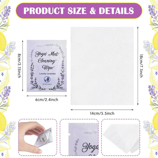 100 Pcs Yoga Mat Wipes, Lavender, Individually Wrapped Wipes, No Slippery Residue, Deep-cleansing for Mat, Fitness Gear & Gym Equipment Cleaner, 7inch*5.5inch