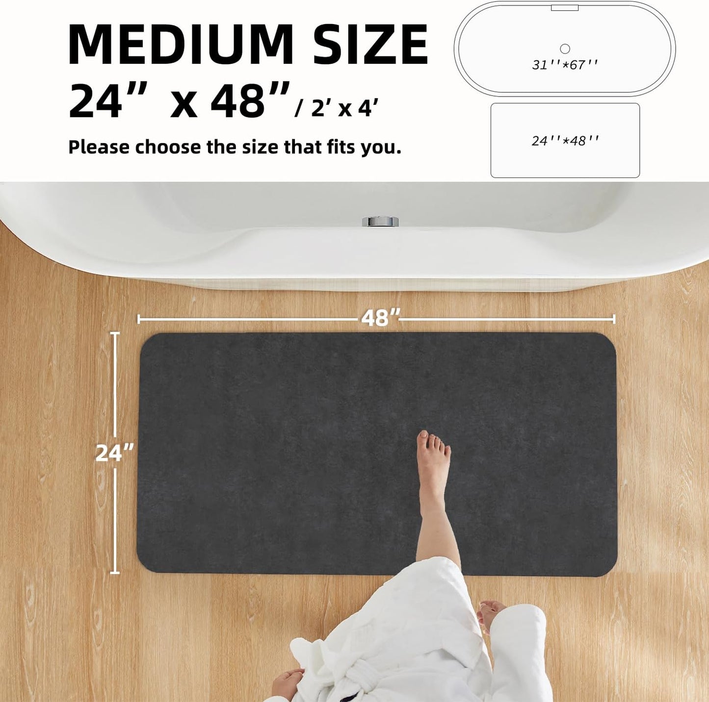 TYUU Bath Mat, Bathroom Rugs Non Slip Washable Thin Absorbent Quick Dry Bath Mat Fits Under Door Bathroom Floor Mat Perfect for Bath, Shower, or Sink 24"x36" Dark Grey