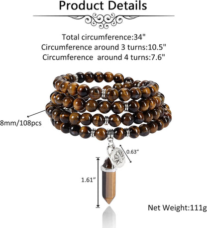 Jovivi 108 Mala Beads Bracelet 8mm Natural Amethyst Rose Quartz Healing Crystal Stone Mala Prayer Bead Necklace Hexagonal Prism Gemstone Reiki Pointed Pendant for Yoga Meditation Energy Balancing