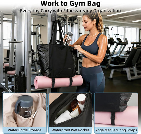 Lightweight Carryall Tote Bag for Women, 25L Expandable Travel Work Bag with Tablet Sleeve, Gym Tote with Yoga Mat Holder & Wet Dry Pocket, 3-Piece Set with Shoe Bag & Cosmetic Pouch (Black)