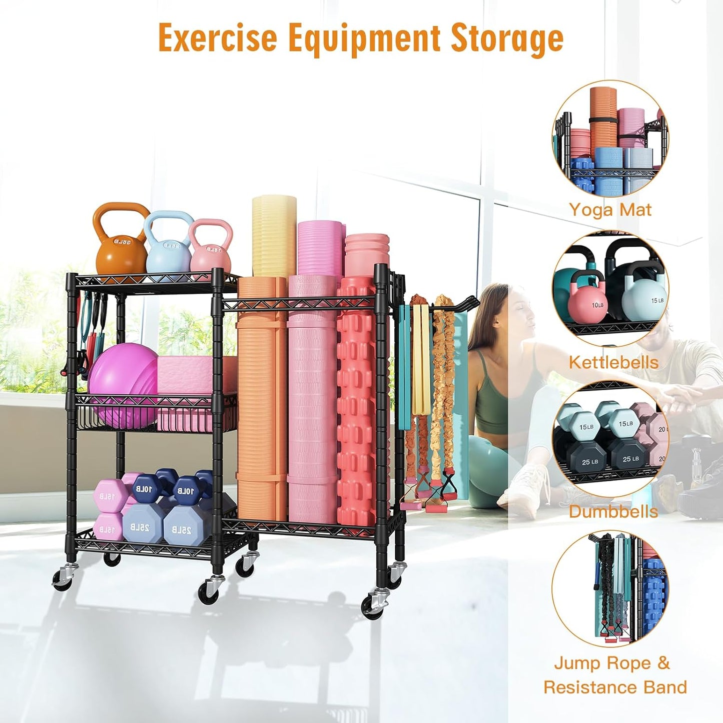FUTASSI Home Gym Storage, 3 Tiers Workout Equipment Organizer with Wheels for Yoga Mats, Foam Roller, Dumbbells, Kettlebells, and Resistance Bands