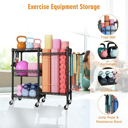 FUTASSI Home Gym Storage, 3 Tiers Workout Equipment Organizer with Wheels for Yoga Mats, Foam Roller, Dumbbells, Kettlebells, and Resistance Bands