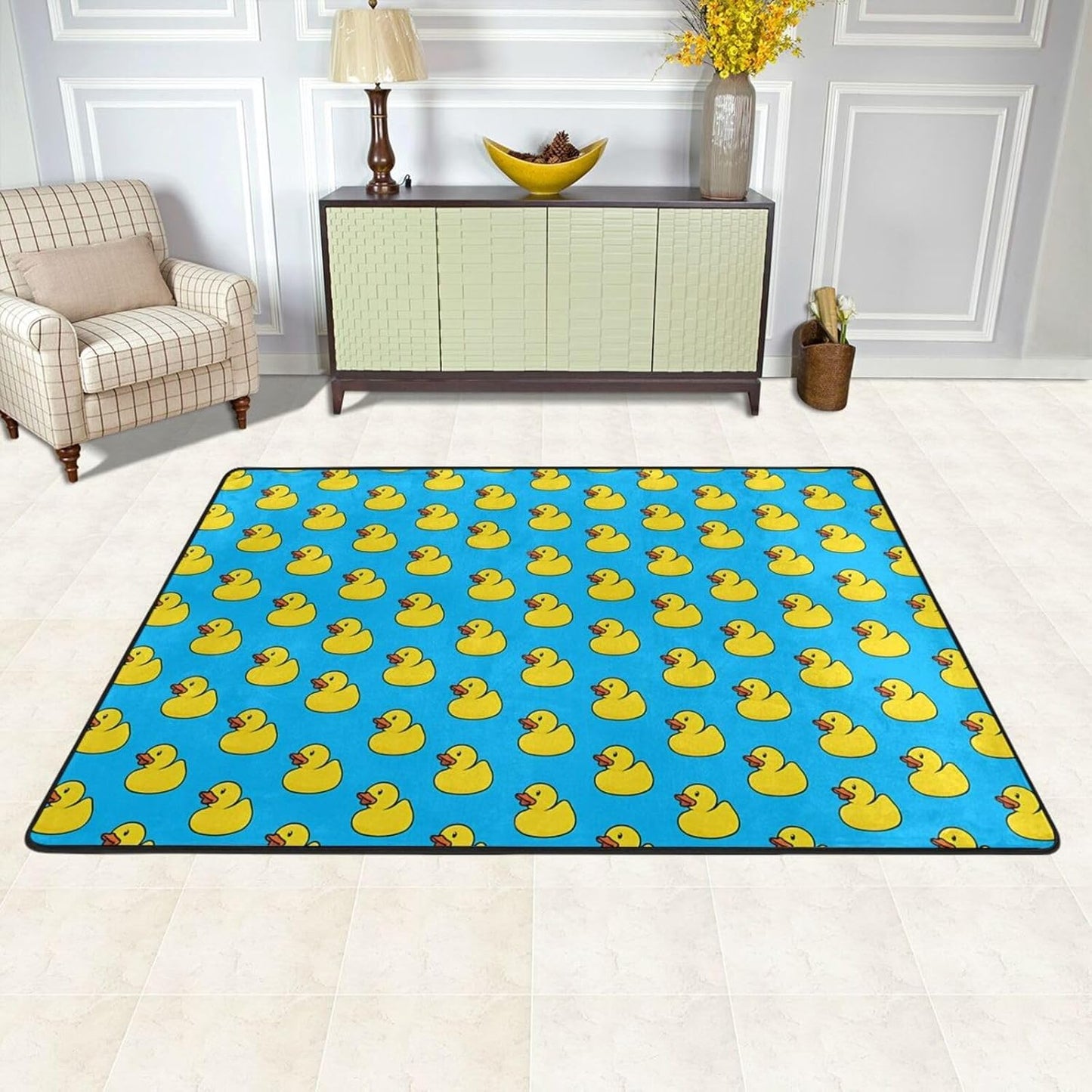 Rubber Duck Soft Flannel Playroom Rug with Anime Design - Yoga Mat Carpet, Machine Washable Floor Decor