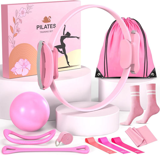 Pilates Equipment Set for Women, Pilates Ring and Ball Set with 15" Magic Circle & Resistance Bands, Perfect Mother's Day Gift for Home Workout, Ideal for Beginners and Yogis