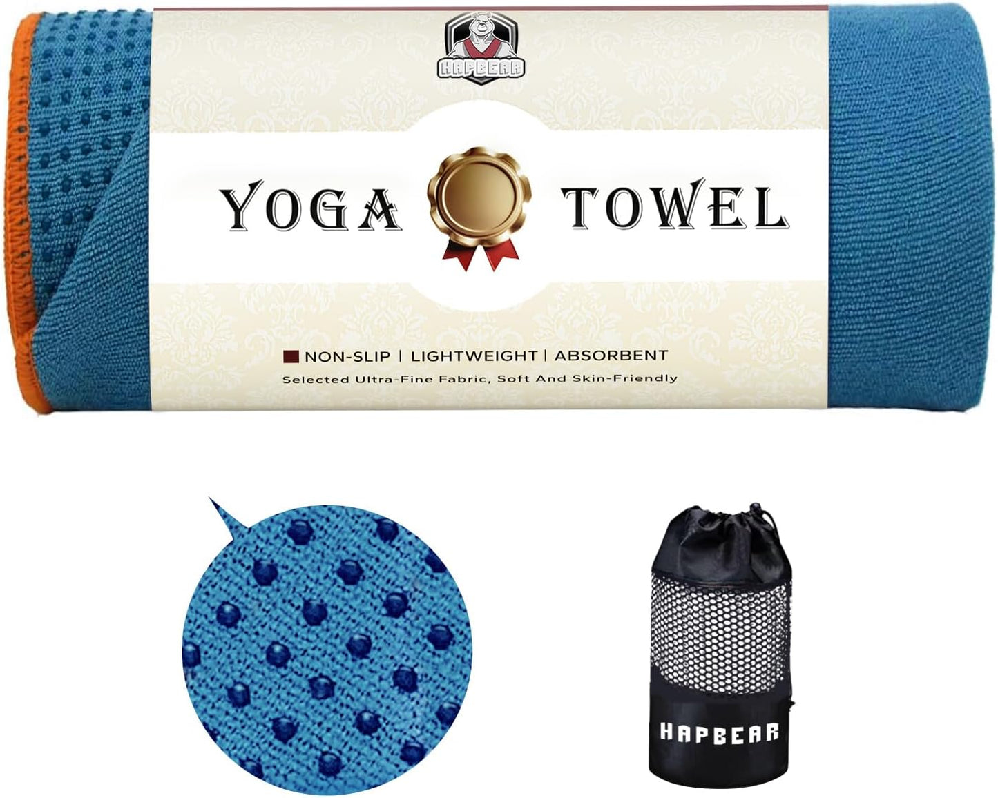 HAPBEAR Hot Yoga Towel with Non-Slip Grip Dots, Super-Absorbent Microfiber Yoga Mat Towel for Sweaty Bikram, Pilates and Studio Workouts - Grey