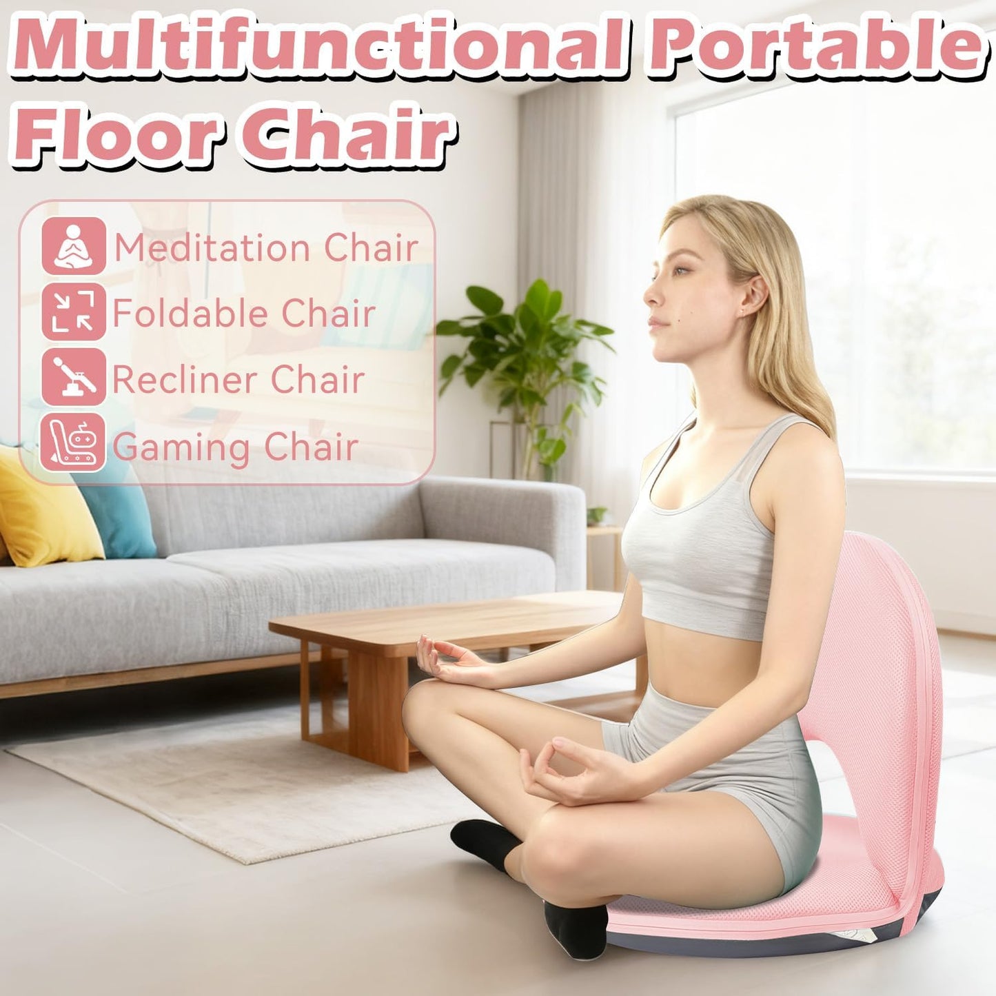 Floor Chair Floor Cushion Folding Padded Gaming Chair Adjustable 5-Position Floor Seat with Back Support for Kids Adult Great for Gaming Reading Meditating