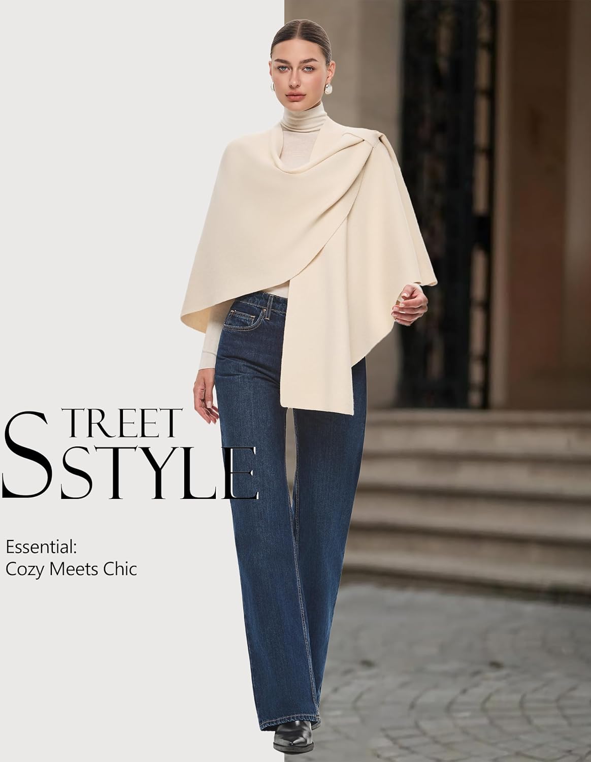 PULI Womens Large Cross Front Poncho Sweater Wrap Topper Knitted Elegant Shawls Cape for Fall Winter