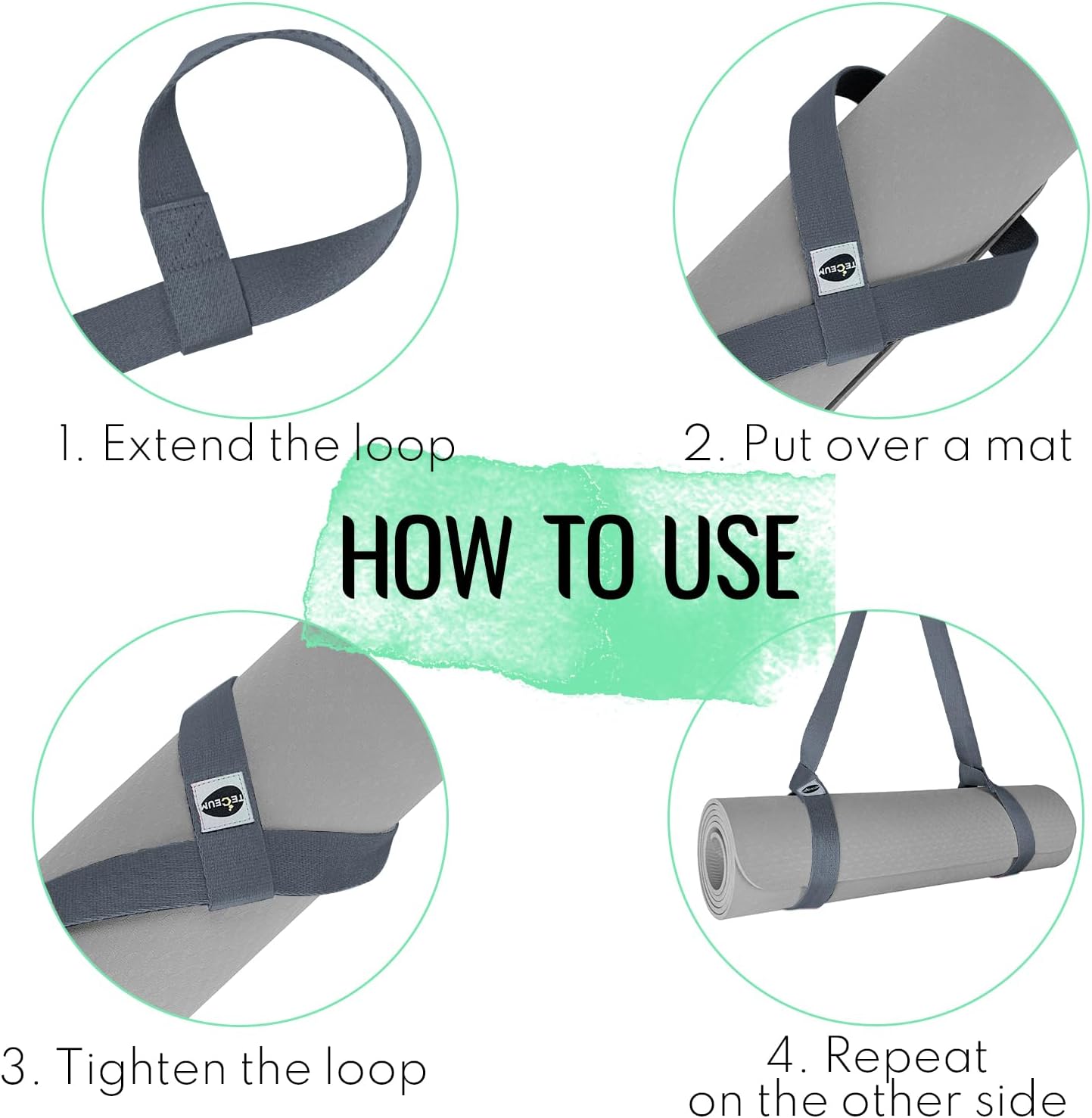 TECEUM Yoga Mat Strap – 30+ Colors – Adjustable Mat Holder Sling Carrier for All Mats [Mat Not Included]