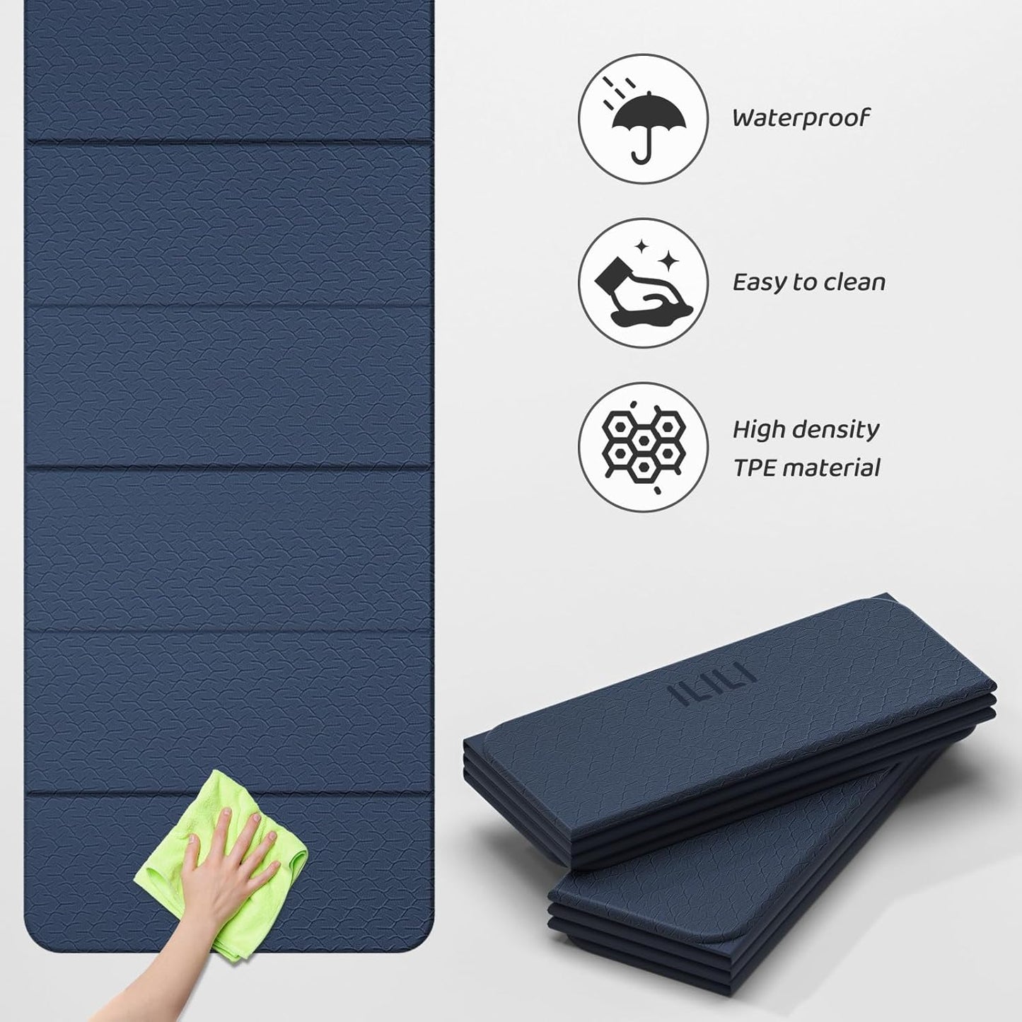 ILILI Foldable Yoga Mat 71 * 24 * 0.3'' - TPE Non-Slip Fitness Mat for Home，Waterproof & Lightweight (2lb) for Home Gym, Pilates & Stretching,Fitness Workouts
