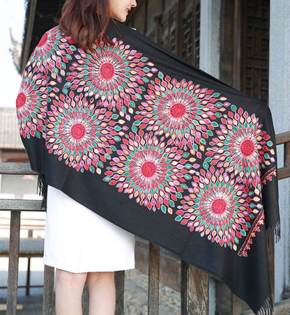 Urban CoCo Women's Embroidered Oversize Tassel Shawl Scarf Wraps for Women