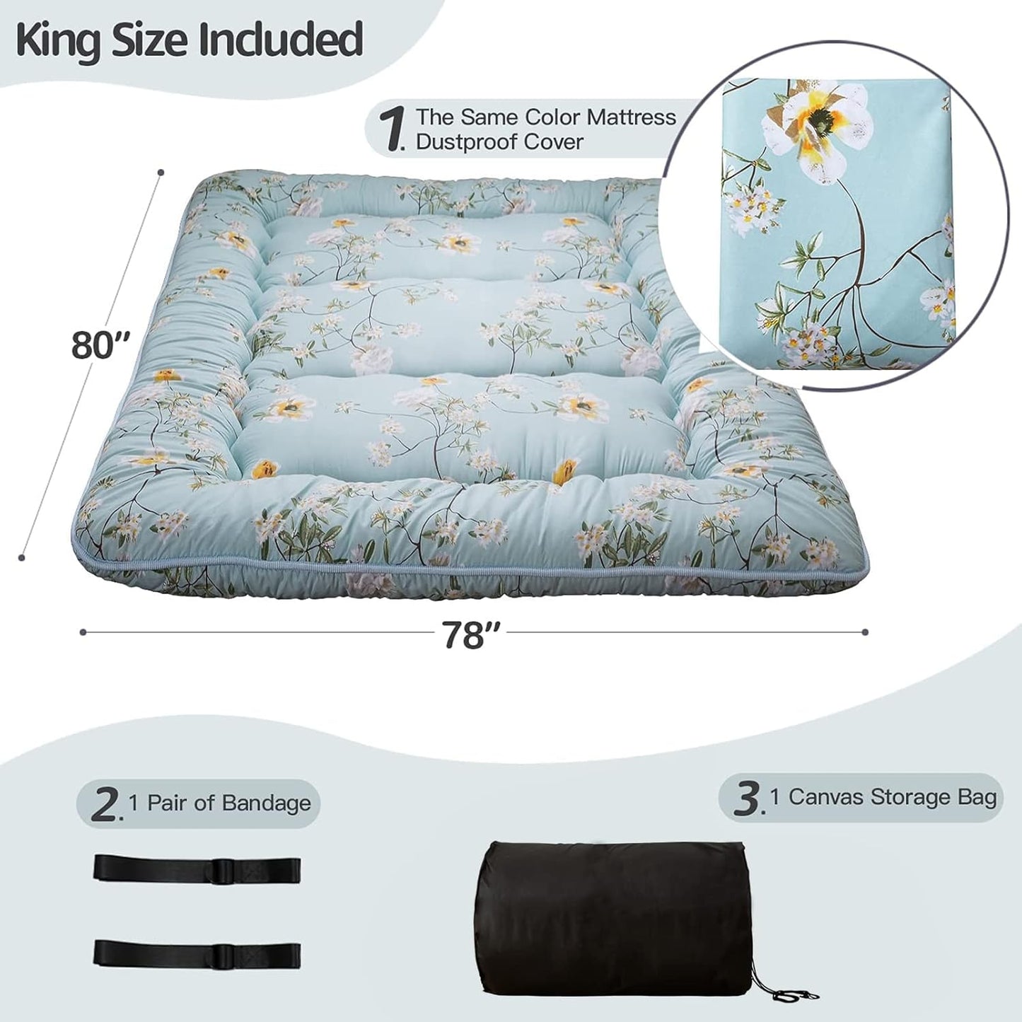 MAXYOYO Bohemian Retro Mattress Boho Floral Japanese Futon Mattress Tatami Floor Mat Foldable Portable Camping, Sleeping Pad, Lounger Couch Bed Full Size