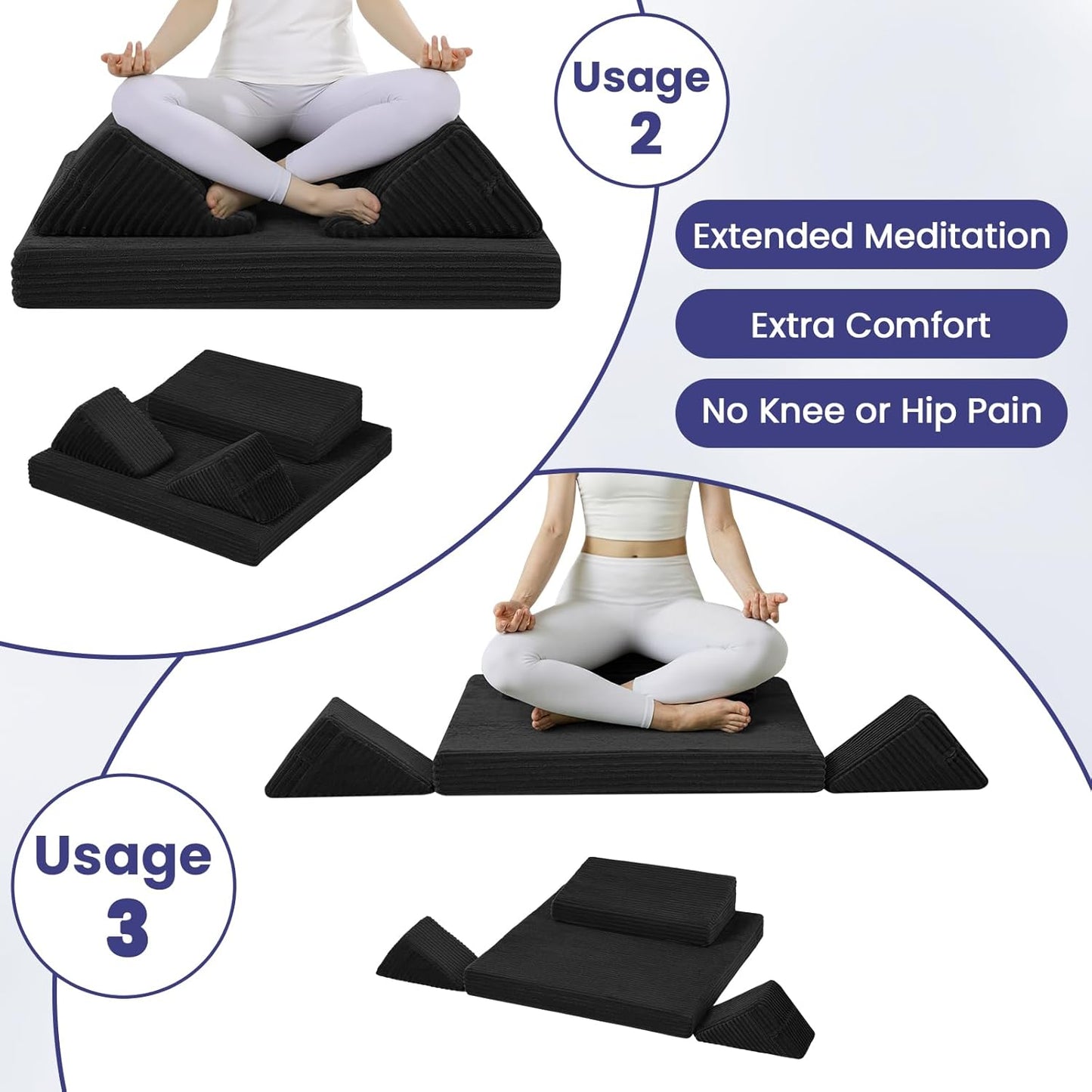 Meditation Cushion Set, Meditation Pillow for Sitting on Floor, Large Yoga Pillow with Knee Support, Washable Zafu Meditation Mat, 3 Shapes Floor Pillow for Adults, Dark Grey