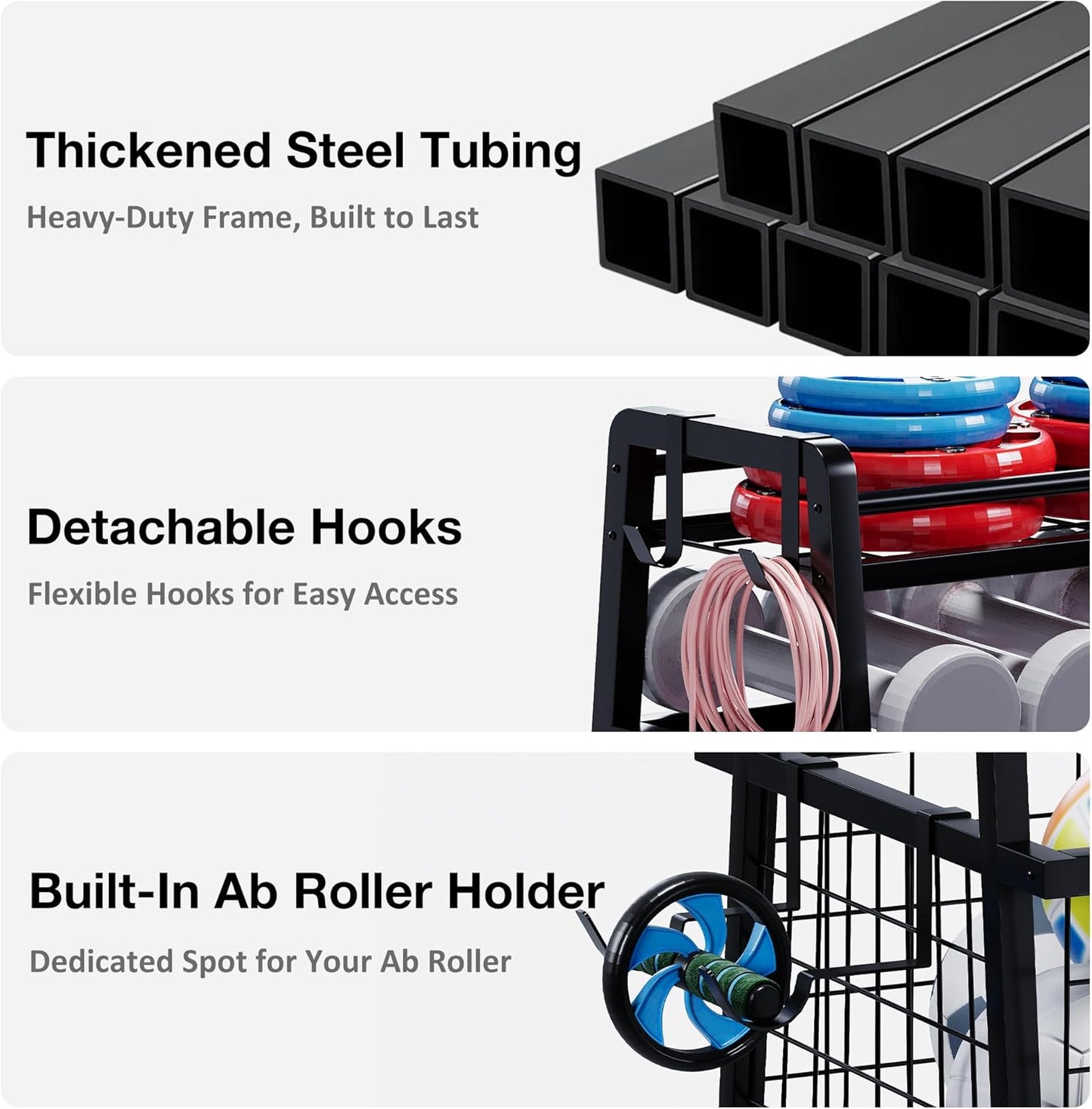 Dual-Sided Dumbbell Rack with Hooks & Wheels, Adjustable Home Gym Storage Rack for Dumbbells, Kettlebells, Balls, Yoga Mats, Ab Roller, Weight Rack Organizer for Workout Equipment