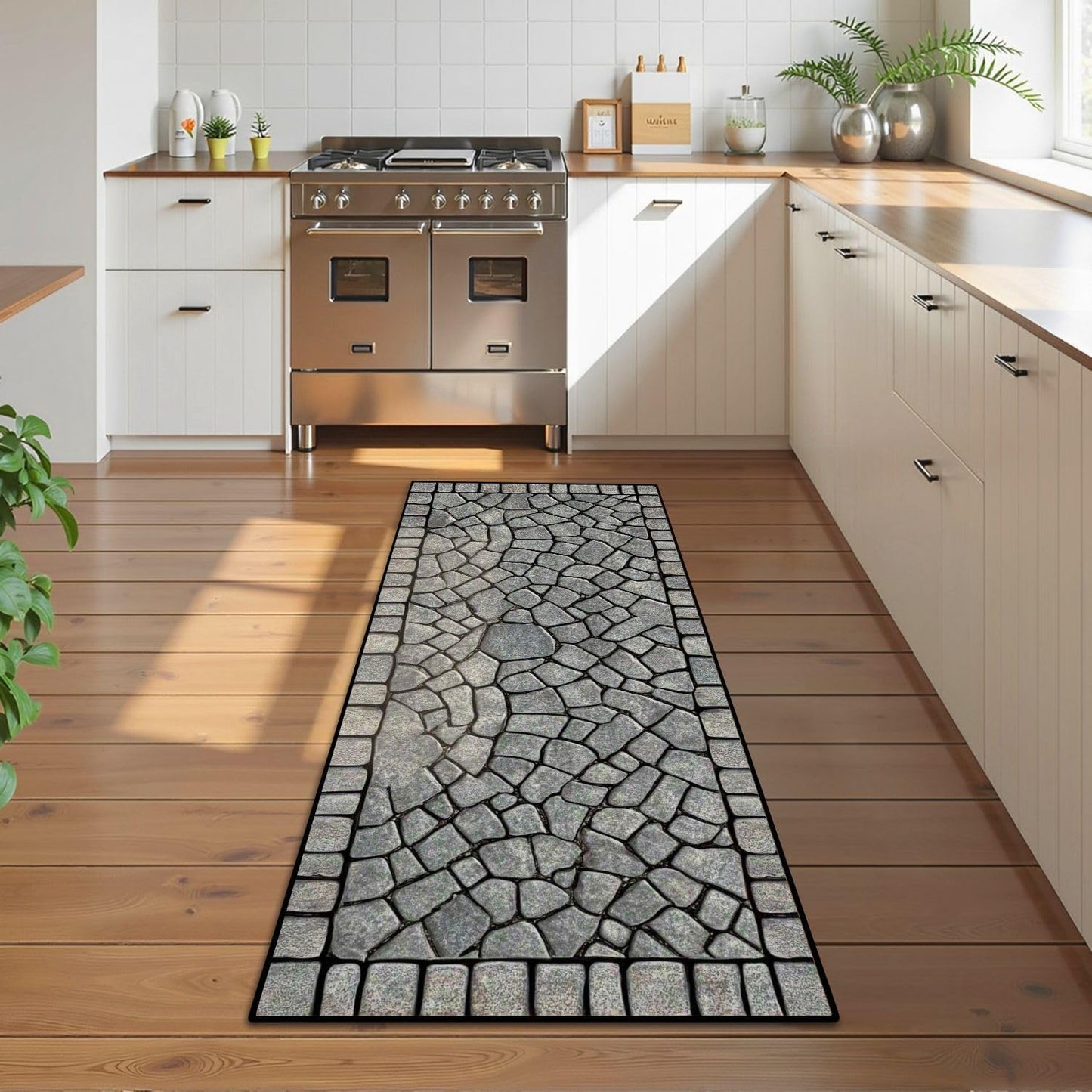 Runner Rug Washable 2x6 Cobblestone Arched Pavement Road Courses Sidewalk Seamless Non-Slip Hallway Area Rug Indoor Outdoor Home Decor for Entryway Bathroom Kitchen Carpet Yoga Floor Mat