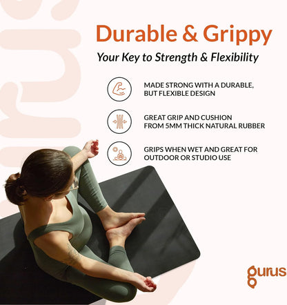 Gurus Natural Rubber Yoga Mat, Eco Friendly Earth Yoga Mat, Non Slip Yoga Rubber Mat, 72x25 Inches 5 mm Thickness