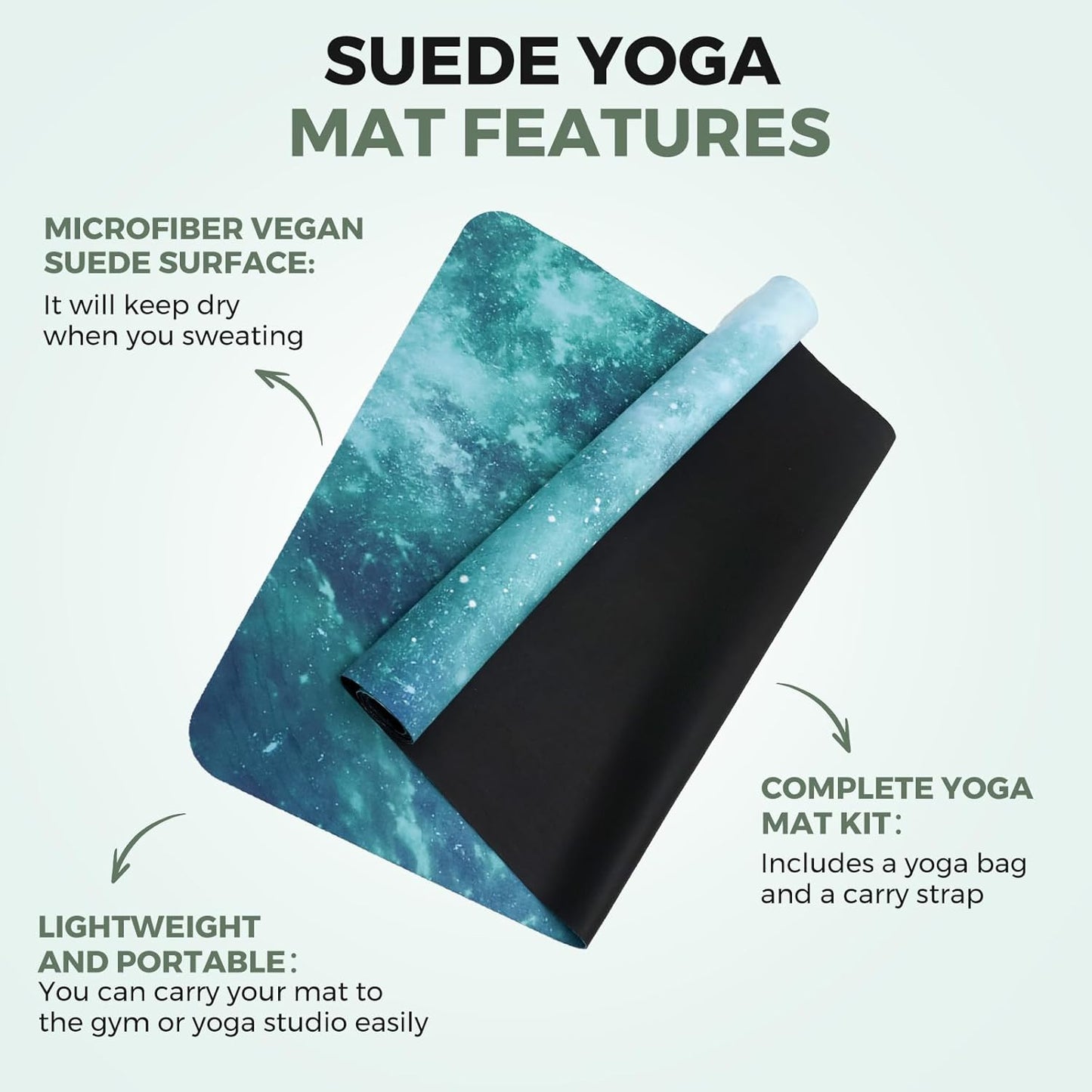 U&M 72'' x 27'' Travel Yoga Mat 1.5mm Thick - Foldable Non-Slip Natural Rubber Base & Suede Mat, Sweat-resistant Antibacterial Light Yoga Mat Material Cover for Women Men, Suitable for Beach Pilates Fitness