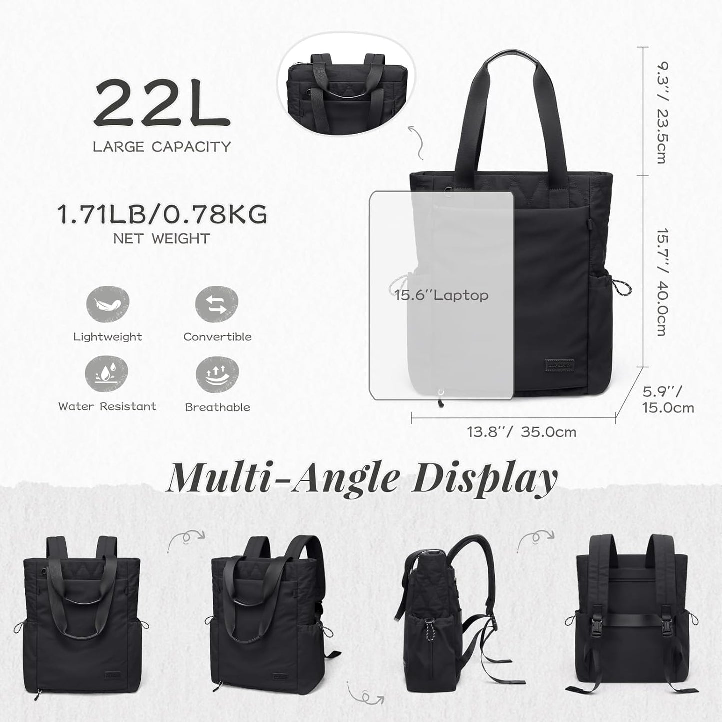 GOLF SUPAGS 3-in-1 Laptop Tote Backpack for Women 15.6" Quilted Work Gym Bag with Hidden Yoga Mat Carrier for Travel Leisure (Gravel Brown & Beige)