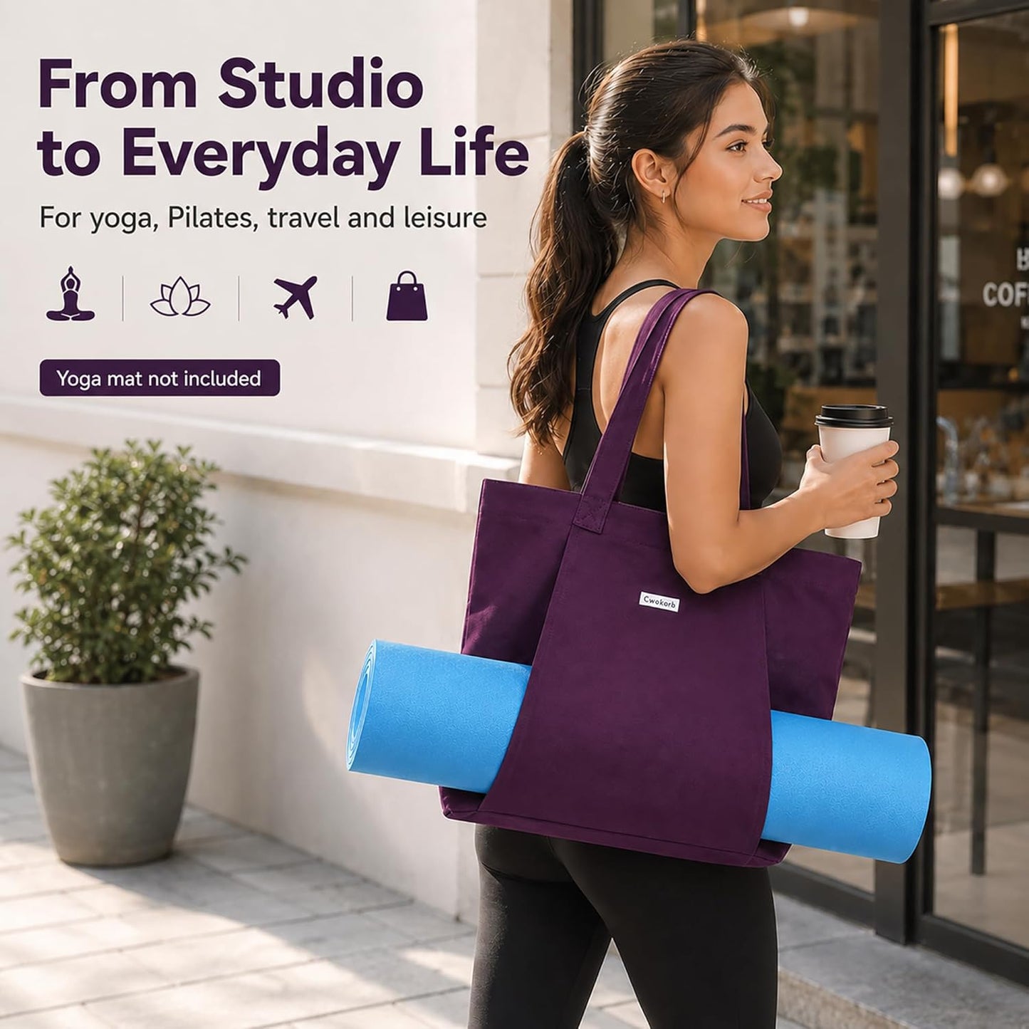 Yoga Mat Bag for Women, 100% Cotton Canvas Tote with Wet/Dry Pocket, Bottle Holder and Inner Zipper Pocket, 25L Carrier for Pilates and Travel