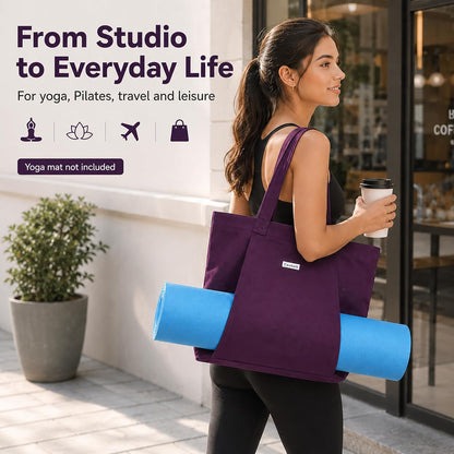 Yoga Mat Bag for Women, 100% Cotton Canvas Tote with Wet/Dry Pocket, Bottle Holder and Inner Zipper Pocket, 25L Carrier for Pilates and Travel